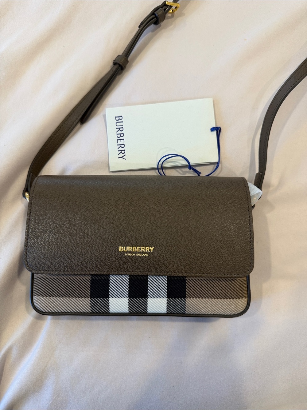 Burberry Taupe Leather Crossbody with Classic Check Panel